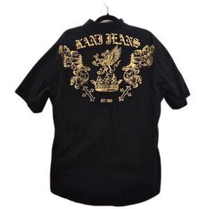 Y2K Karl Kani Gold Tee Shirt XXL Button Down Graphic Cross Crown Dragon Vtg